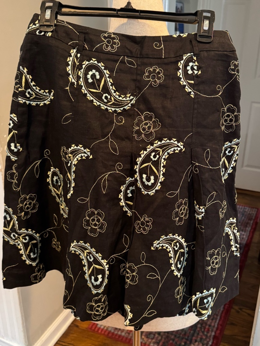 Grace Black A-Line linen skirt  with Cream Paisley Embroidery